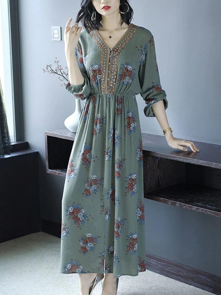 long sleeve printed base maxi dress